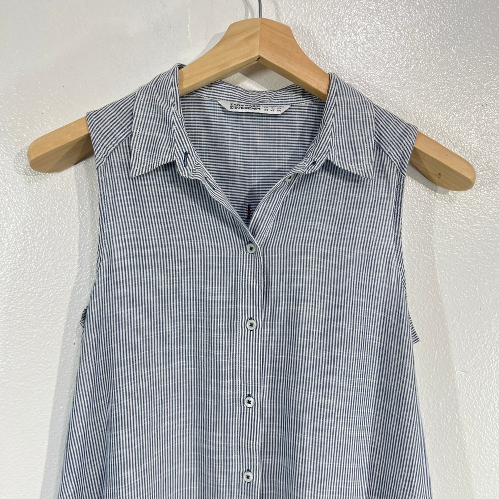 Zara Basic Striped Button Down Tunic Dress Xs Blu… - image 7